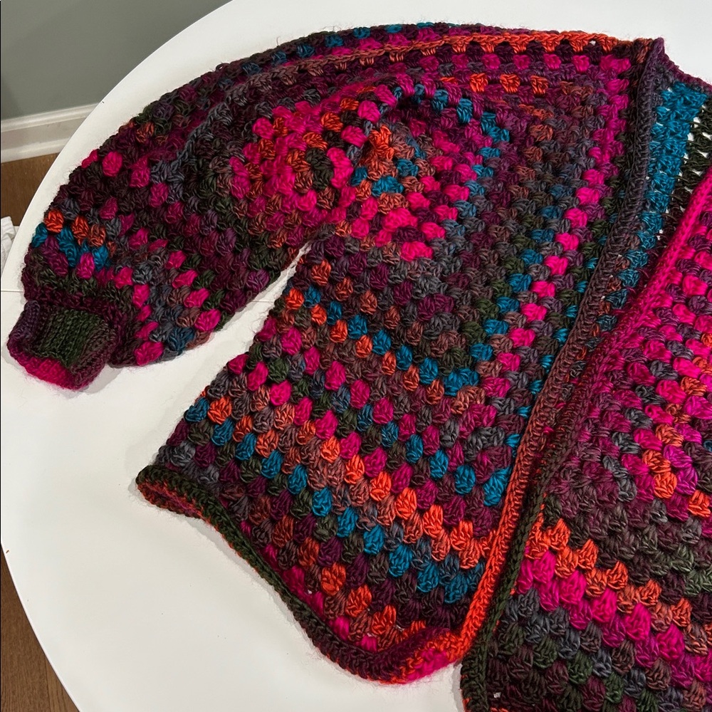 Handmade crochet knit hexagon multicolored cardigan Large - Picture 2 of 12
